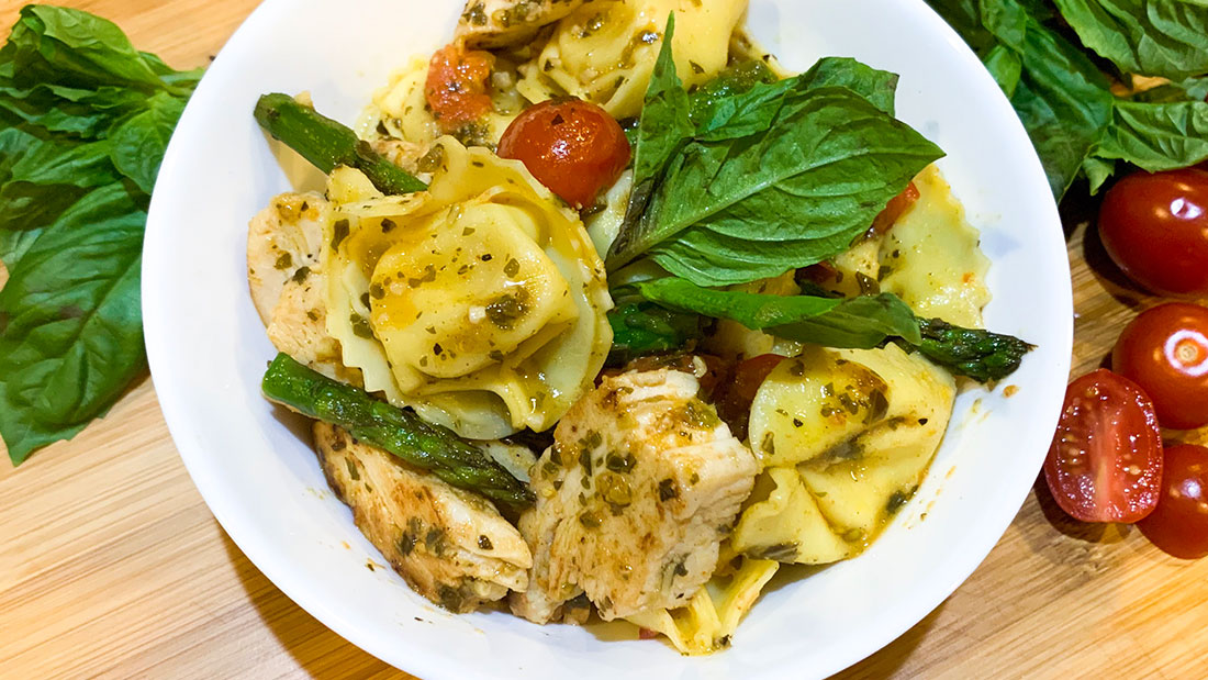 Pesto Chicken Tortellini with spring veggies