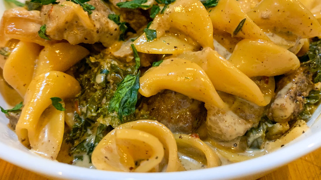 a delicious bowl of creamy beef stroganoff